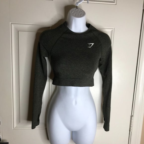Gymshark Tops - Gymshark Women's Cropped Long Sleeve Thumbhole Athletic Top Green ~ Size XS